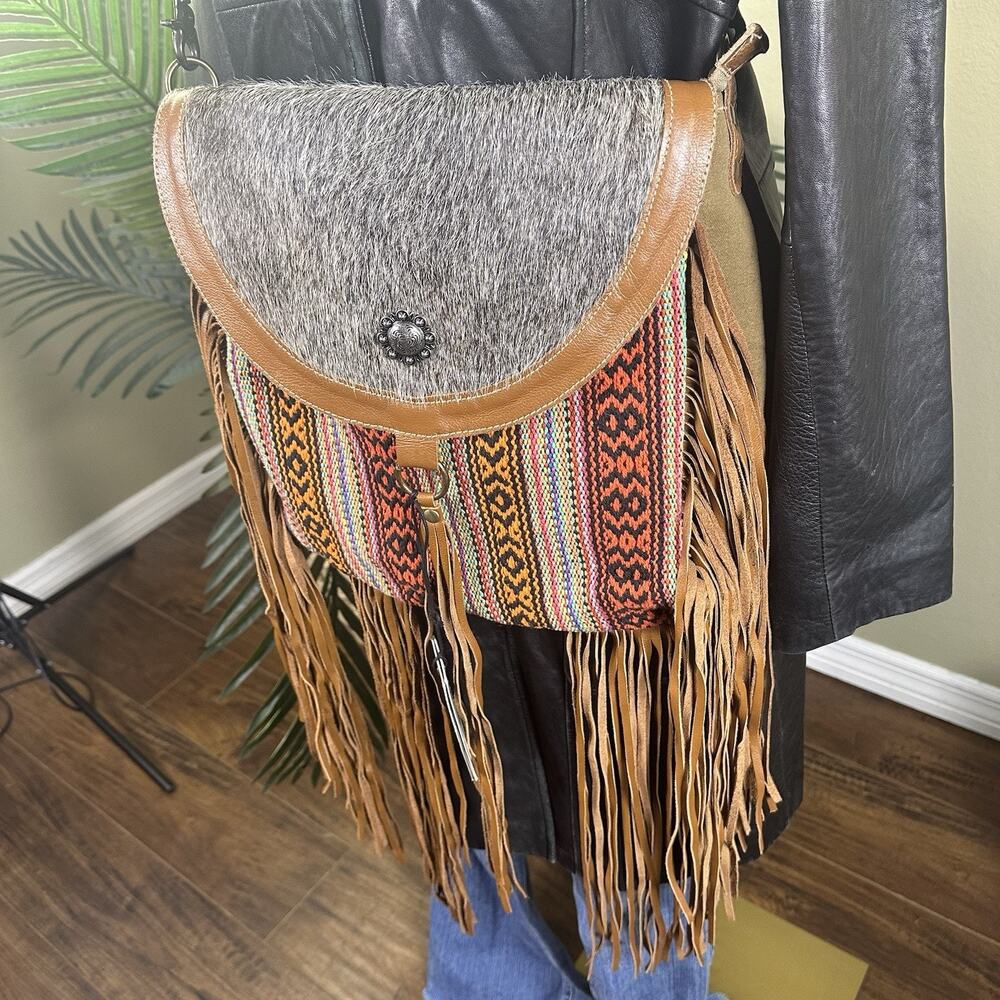 Myra Bag NEW Brilliance Crossbody Hair Hide Leather Canvas Fringe messenger Bag